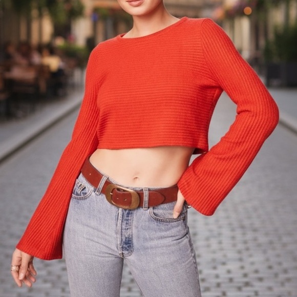 Orange Ribbed Knit Cropped Top With Bell Sleeves & Cutout Back Size S - Picture 1 of 11